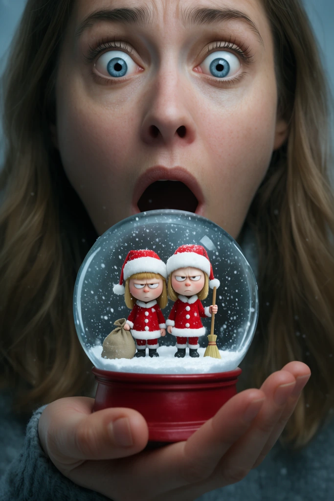 A shocked woman with wide blue eyes and an open mouth stares at a snow globe held in a large hand. Inside the glass, two grumpy girls in red Santa suits stand amidst falling snow holding a sack and a broom. The globe rests on a red base against a blurred cool gray background, emphasizing the surreal scale and photorealistic style.