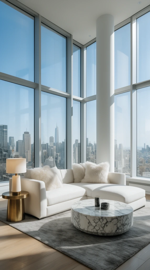 modern high-rise living room, white sectional sofa with fluffy pillows, round veined marble coffee table, grey rug on wood floor, floor-to-ceiling windows, bright city skyline view, white cylindrical column, brass side table with lamp, daylight with sharp shadows, photorealistic architectural render