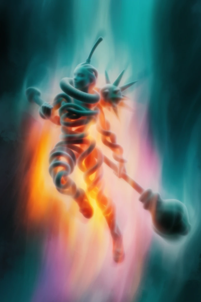 A leaping female humanoid character formed of coiled tubes holds a massive weapon with a bulbous end, rendered in a heavily blurred, glowing, ethereal style with a striking teal and fiery orange color palette. The female humanoid figure is captured mid-leap, her body constructed entirely of coiled tubes that twist and weave together to form her anatomy, with one distinctly thick tube wrapped securely around her neck. A single antenna extends upward, and a secondary spiky head emerges alongside her primary form. In her grasp, she wields a massive weapon terminating in a heavy, bulbous end. The environment surrounding the leaping figure is an abstract void composed of sweeping vertical color gradients and smoky, diffused textures. The composition features extreme motion blur and soft, completely dissolved edges, creating a wispy, flowing appearance. A radiant, fiery core illumination of intense yellow, vibrant orange, and soft magenta bursts from within the humanoid figure, bleeding outward into long, sweeping streaks of light. Deep, cool tones of teal, cyan, and dark turquoise dominate the background, generating a high-contrast, complementary color scheme. The rendering technique incorporates the aesthetic of long-exposure photography, dramatic light leaks, and a painterly, atmospheric depth, resulting in a surreal, luminous, and visually dynamic presentation.