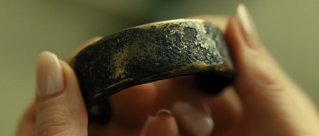 extreme close-up of hands gently holding a thick weathered metallic band, heavily textured blackened and charred metal surface with subtle metallic gold undertones, held carefully by fingertips with manicured nails, extreme shallow depth of field, macro photography, heavily blurred muted green and beige background, cinematic lighting, warm greenish-yellow color grading, high detail on the distressed metal