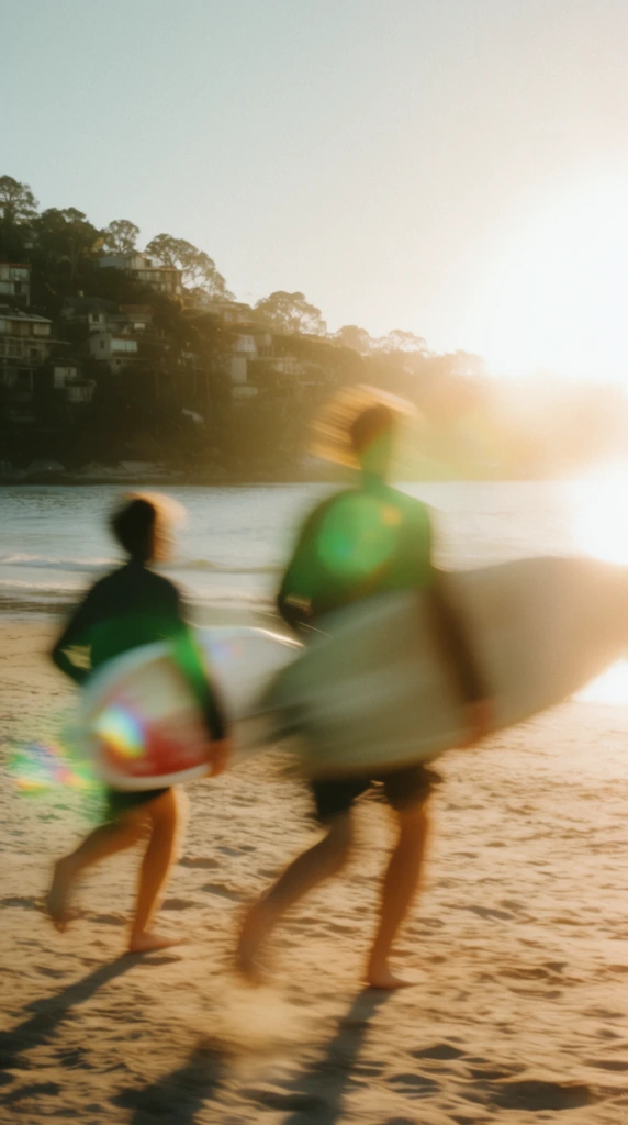 Two heavily blurred figures run across a sandy beach carrying surfboards toward the water. Captured with a slow shutter speed, the subjects are rendered as dynamic, streaking silhouettes. The taller figure on the right holds a large, light-colored surfboard, while the shorter figure on the left carries a smaller board with red and white accents. Their bare legs mid-stride cast soft shadows on the textured sand. Beyond the calm ocean water, a coastal hillside dotted with multi-story houses and lush trees rises on the left. The scene is intensely backlit by a brilliant, blown-out sun on the right, washing the sky in a warm haze. Striking green and prismatic lens flares overlap the figures. The composition is defined by a vintage grainy film texture, radiant lighting, and a strong sense of kinetic motion.
