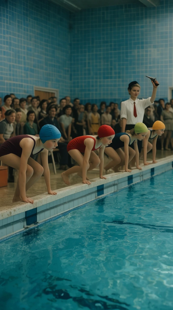 five young girls poised to dive on an indoor pool edge, vintage swimsuits, colorful swim caps, official with starting pistol, background spectators, blue tiled walls, retro cinematic wide shot