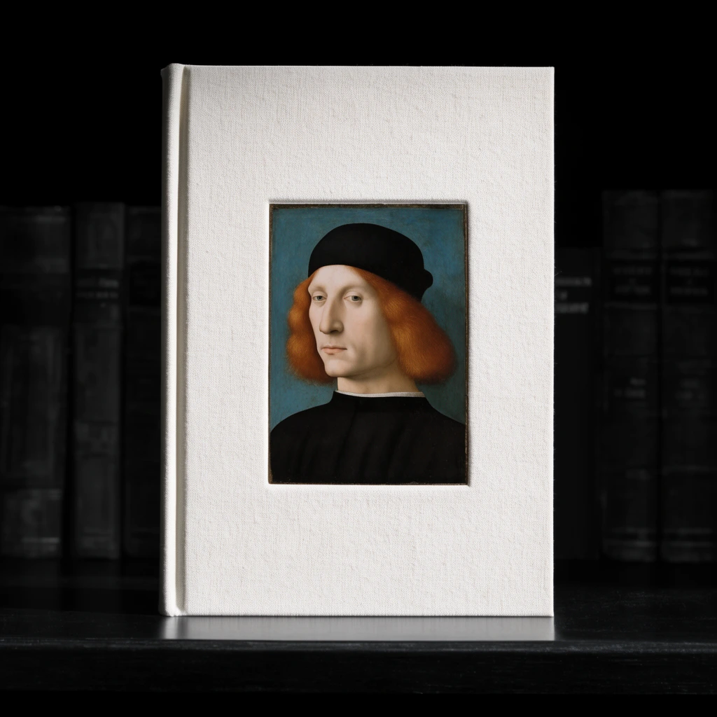 thick off-white fabric-bound book standing upright on a pitch-black shelf, cover features an offset inset Renaissance portrait of a pale man with red hair and a black cap, faint dark book silhouettes in deep shadows, dramatic spotlight, high contrast minimalist product photography