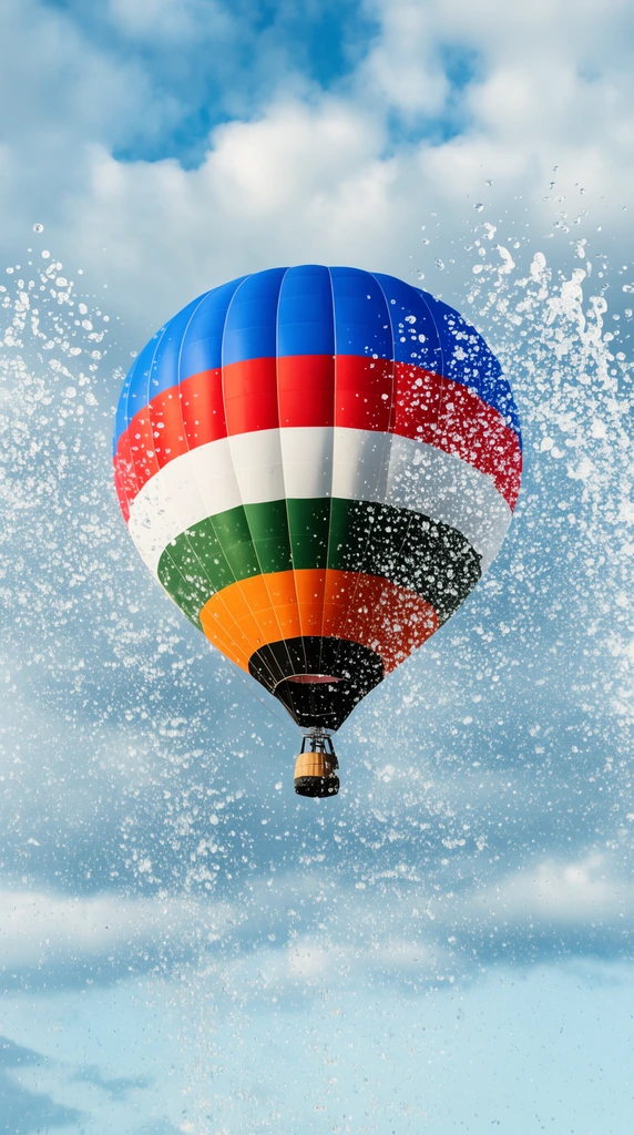 A hot air balloon with horizontal stripes of blue, red, white, green, and orange, floating against a cloudy blue sky, partially obscured by a splash of white water droplets surrounding it.