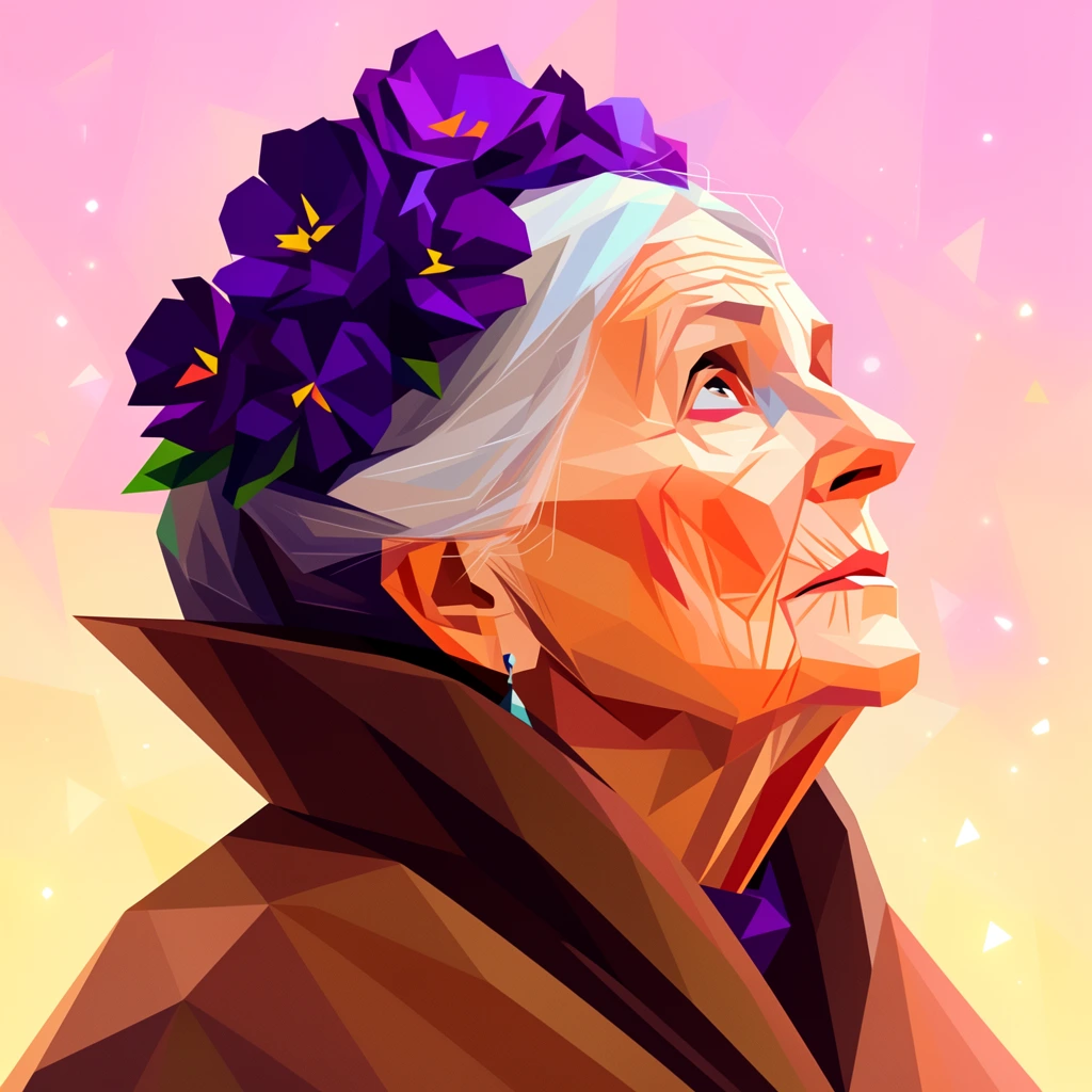 low-poly profile portrait of an elderly woman looking sharply upward, sharp geometric facets, deep purple floral headpiece, high-collared brown cloak, warm peach and orange polygonal skin tones, soft pink and yellow gradient background, floating geometric sparkles, angular lines, vibrant digital vector illustration, faceted shading