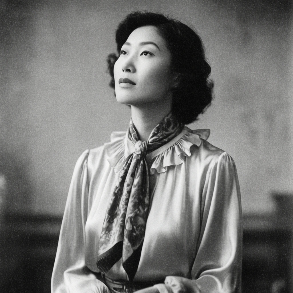 A vintage black and white film portrait capturing an East Asian woman with her head tilted slightly upward, gazing off-camera. She wears a flowing silk blouse with a ruffled collar and a patterned silk scarf. Framed from the waist up against a blurred neutral backdrop, diffused lighting casts gentle shadows across her jawline. A coarse film grain texture is visible across the entire medium shot.