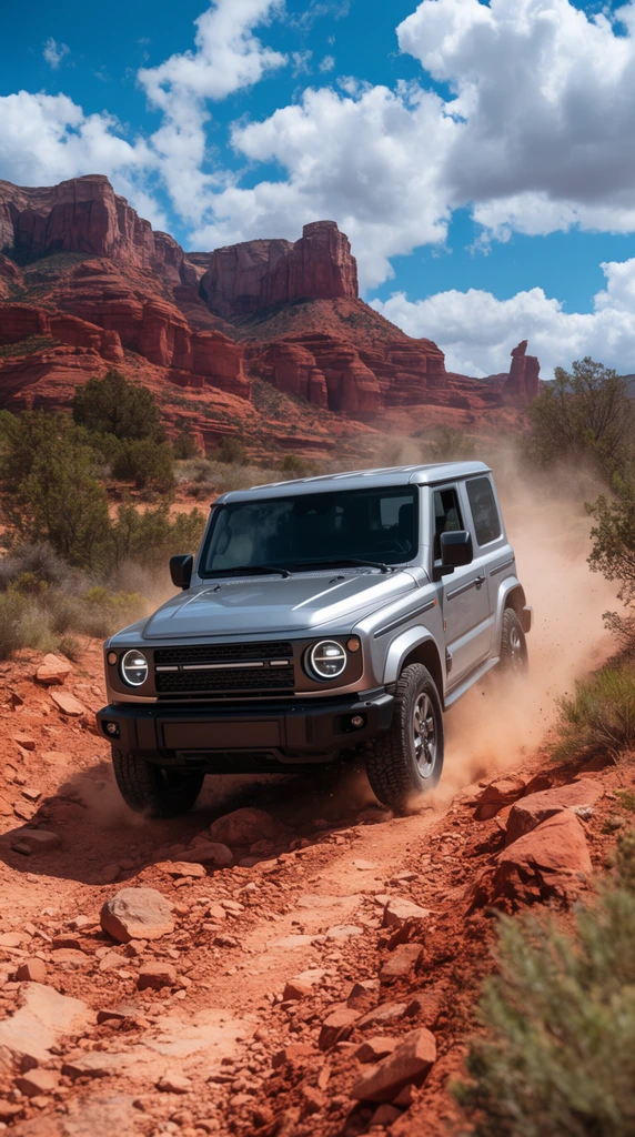 A boxy silver off-road SUV navigates a rugged dirt trail, kicking up a thick dust cloud. The vehicle features round headlights and a dark front grille. It traverses a desert landscape of red earth, scattered rocks, and green scrub vegetation. Towering red sandstone mesas rise in the background under a vivid blue sky with puffy white clouds. The bright daylight photography uses a dynamic low angle to contrast the sharp metallic finish of the vehicle against the textured arid environment.