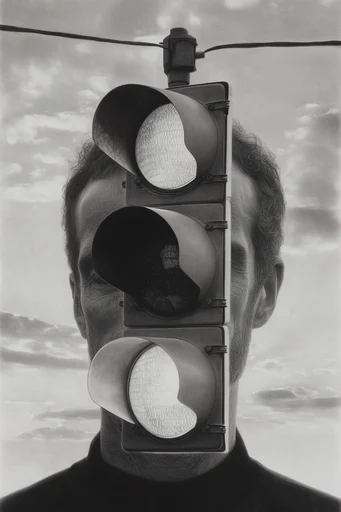 Monochromatic Surrealist Deconstruction style reference image — high-contrast portrait collage