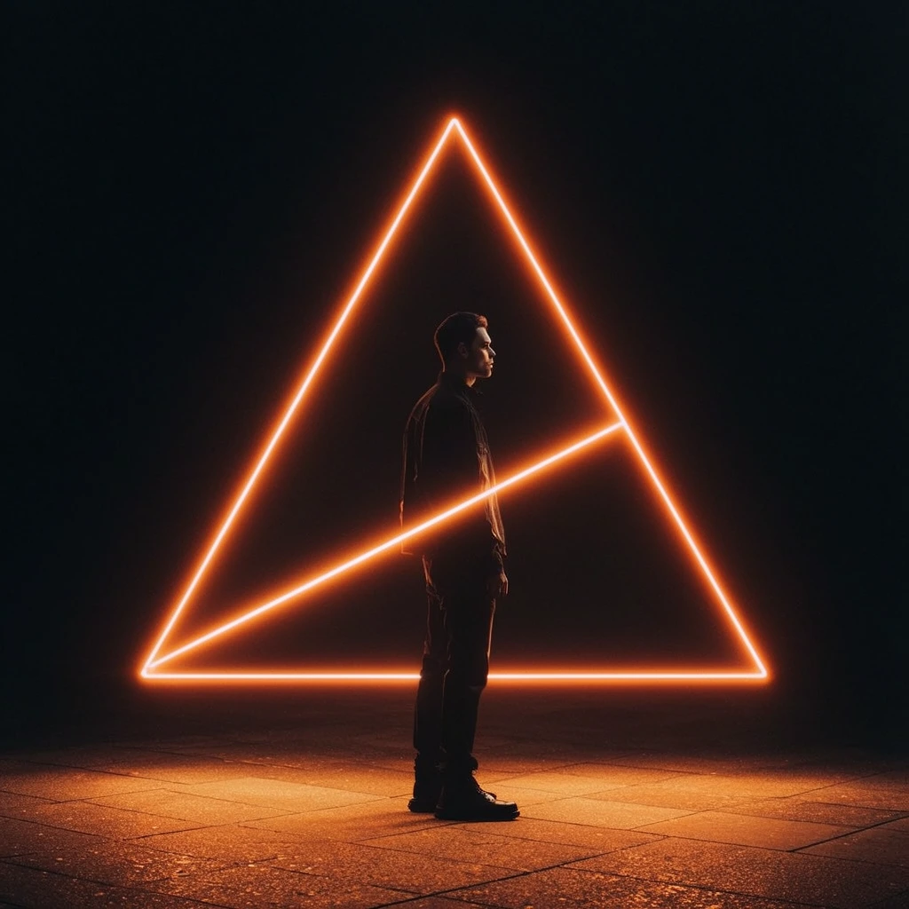 man standing in profile inside a large glowing orange neon right triangle, pitch-black background, silhouette of a figure wearing dark clothing facing right, diagonal neon beam intersecting the torso, bright warm light illuminating a textured paved ground, dramatic high-contrast lighting, minimalist dark urban aesthetic, cinematic chiaroscuro