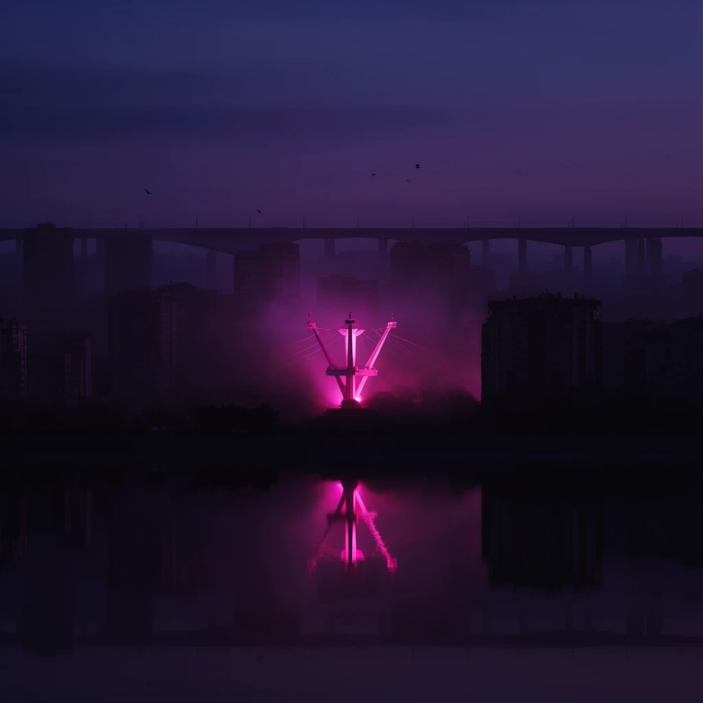 A sprawling cityscape features a prominently illuminated central structure with outstretched arms holding cables, set against a deep indigo twilight and perfectly mirrored in a still body of water. The central monument radiates an intense, vibrant neon magenta glow that catches on a soft surrounding mist, drawing sharp focus amid the darkness. Surrounding this glowing focal point, clusters of tall buildings and a massive background viaduct recede into heavy, dark purple silhouettes. Small dark silhouettes of birds fly in the distant, smooth dark violet sky. In the foreground, the glassy, undisturbed surface of the water duplicates the vivid pink luminescence and the brooding monolithic structures in a precise, symmetrical reflection. The cinematic, low-light composition utilizes a stark chiaroscuro effect, isolating the piercing magenta light against the immersive, moody, deep purple atmospheric shadows.