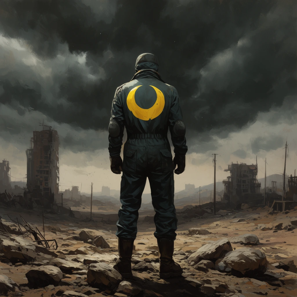 lone explorer in jumpsuit with yellow crescent back emblem standing in rocky post-apocalyptic wasteland, dark stormy sky, ruined buildings, digital painting