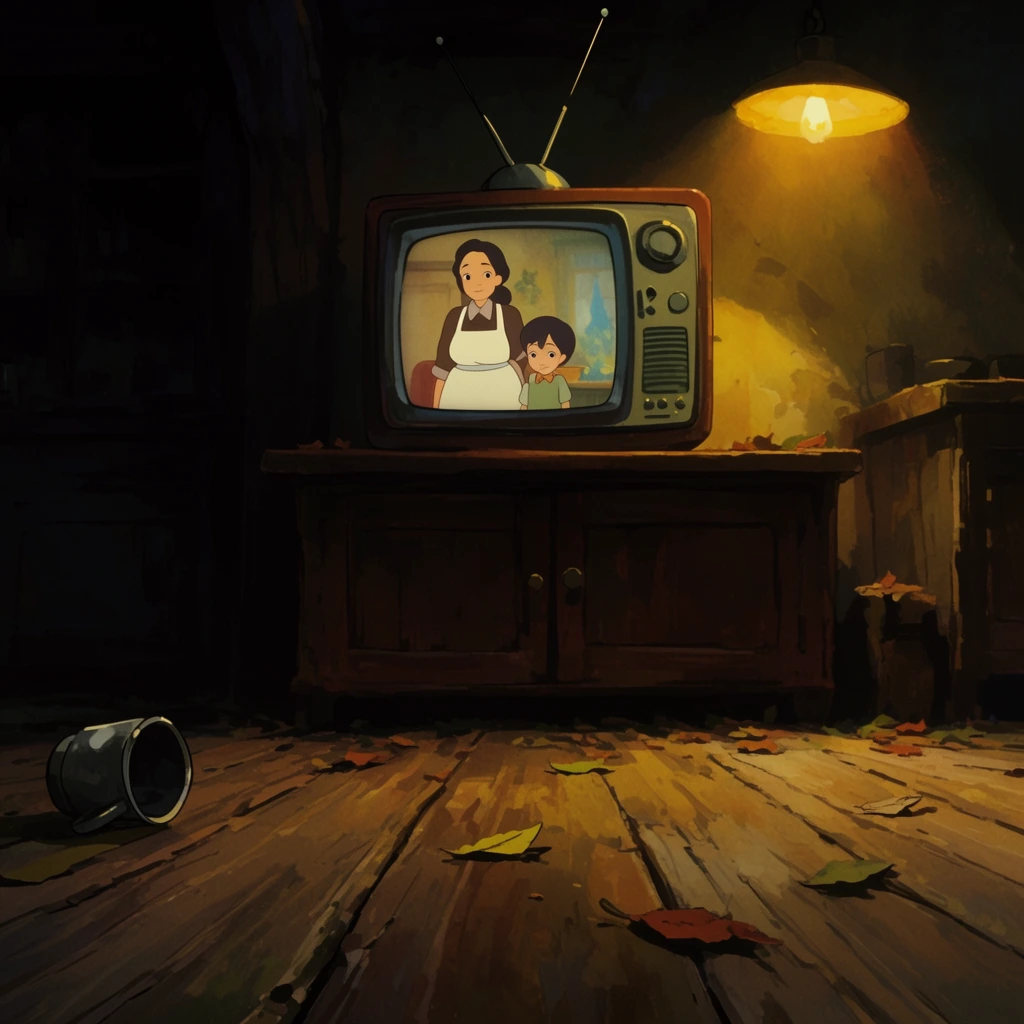 A vintage CRT television with rabbit-ear antennas sits on a dark wooden cabinet in a dimly lit rustic room, displaying an animated woman in an apron and a child. A warm overhead lamp casts a dramatic yellow spotlight across the television and wide, leaf-strewn wooden floorboards, leaving a tipped metallic cup on the left in deep shadow. The environment is rendered in a painterly 2D animation style featuring rich earthy browns and high-contrast cinematic lighting.