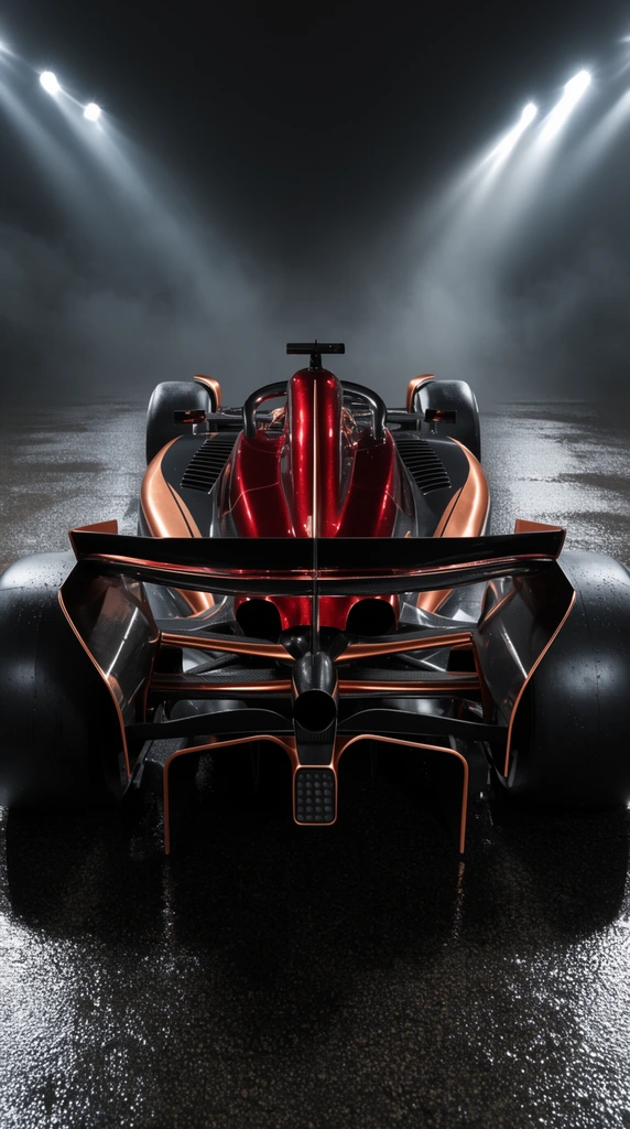 A sleek open-wheel race car viewed from a low rear angle on wet tarmac. The aerodynamic chassis features metallic crimson and obsidian bodywork with bright copper accents. Massive slick tires flank an intricate rear diffuser and a wide, multi-tiered wing. Stark overhead volumetric spotlights slice through dark mist, creating cinematic lighting that highlights the vehicle's aggressive stance and complex carbon textures.