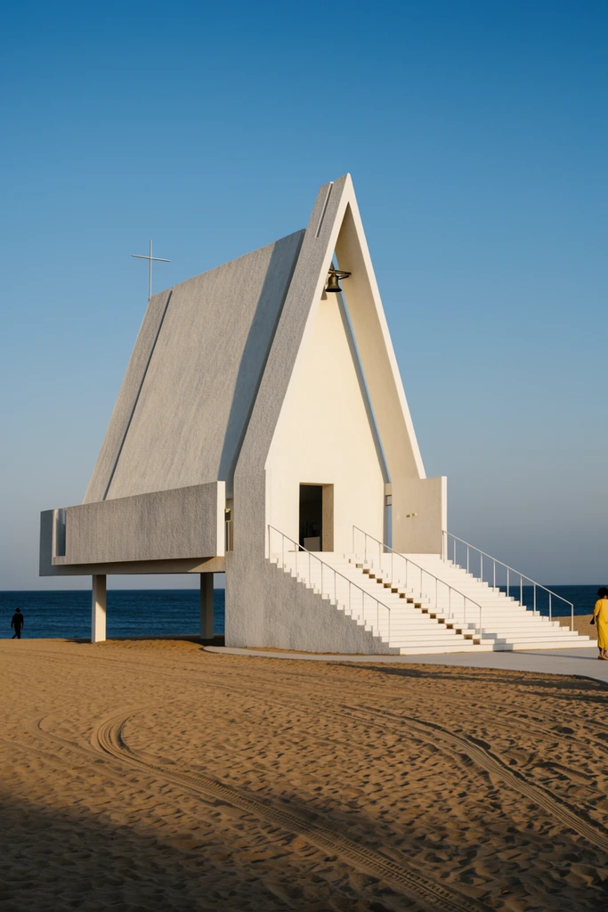 stark white modernist A-frame chapel elevated on a sandy beach, steep textured gabled roof, small bell in a vertical slit, thin cross on the peak, wide white staircase, front supported by thin pillars, sweeping tire tracks in tan sand, deep blue ocean and clear blue sky background, distant figure walking on the left, person in yellow on a path to the right, sharp architectural photography, golden hour lighting, long shadows, minimalist composition