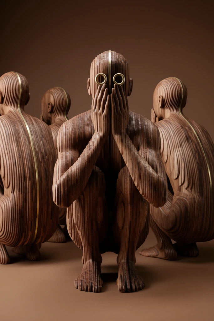 Four parametric wooden sculptures of a crouching figure viewed from multiple angles against a seamless brown backdrop. Constructed from densely stacked wood slices, the deeply ridged bodies feature a prominent vertical brass strip down the spine. The frontal figure covers its face with elongated hands, revealing two hollow brass rings as eyes. Soft studio lighting highlights the topographical texture and rich earthy tones.