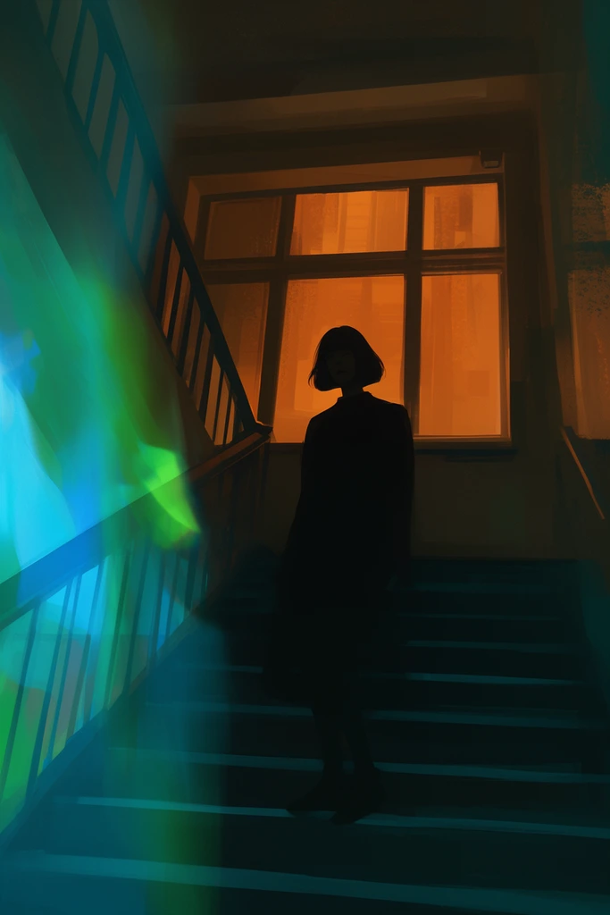 silhouette of a person with a bob haircut standing on a dark indoor stairwell, backlit by a warm orange multi-paned window, deep teal foreground shadows, vibrant cyan and green light flare overlapping the left side, moody atmospheric digital painting