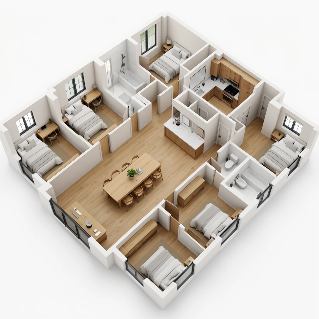 3D isometric floor plan, multi-bedroom suite cutaway, central common area with long wooden table, open kitchen, multiple single bedrooms with desks, shared bathrooms, light wood floors, clean modern architectural rendering