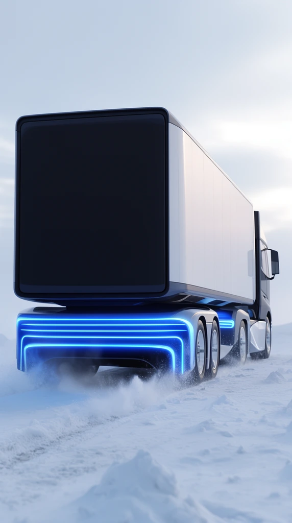 A sleek futuristic semi-truck drives away on snowy terrain, kicking up powder. It features a massive dark and white cargo box above vibrant glowing blue neon light strips along the rear chassis. Rendered as crisp 3D automotive concept art against a hazy pale sky.