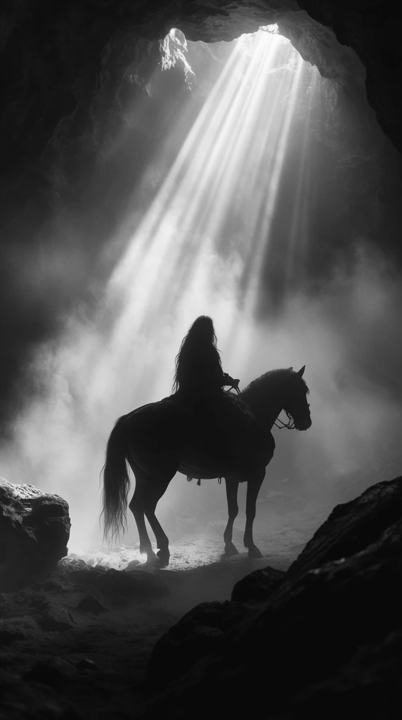 A black and white silhouette of a long-haired figure riding a horse through a dark cavern. Bright volumetric light beams pierce from above, illuminating thick mist. Rugged rocks frame the foreground in a dramatic high-contrast cinematic composition.