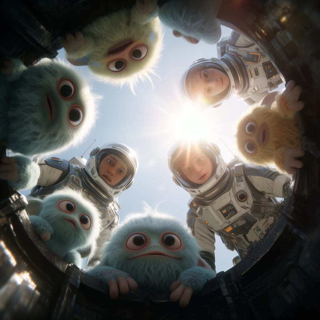 group of futuristic astronauts and fuzzy alien creatures peering down into a dark metallic pit, extreme low angle looking up, blinding bright sunlight, lens flare, cinematic 3D render