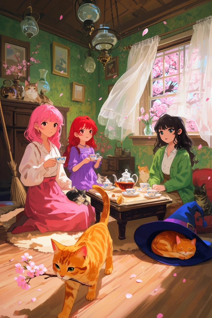 Three young women and several cats enjoy a tea party inside a sunlit, cluttered room. An orange tabby cat walks in the foreground carrying a cherry blossom branch in its mouth. A pink-haired woman holds a teacup beside a red-haired girl in a purple dress. Opposite them, a dark-haired woman in a green cardigan sits near a low table set with a glass teapot. An orange cat sleeps inside a blue witch hat on the wooden floor. The cozy interior features green wallpaper, a leaning broom, hanging glass lamps, and a window with blowing sheer curtains revealing blooming cherry trees outside. The whimsical anime-style digital illustration uses a wide-angle perspective, warm lighting, and rich details to capture the inviting, magical atmosphere filled with drifting pink petals.