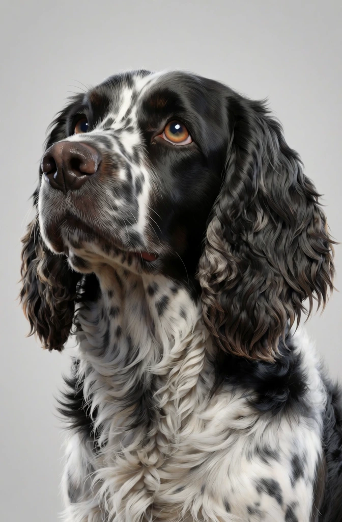 A highly detailed studio portrait of a black-and-white spaniel-type dog, shown from the chest up in profile, gazing attentively upward to the left against a plain light gray background. Photorealistic digital or high-end studio photography, animal portraiture, close-up headshot, ultra-detailed fur rendering, clean commercial style, minimalist composition, calm, noble, alert, affectionate, refined, medium visual complexity, visually adjacent to professional pet photography and realistic animal studies, William Wegman-adjacent in polish though more conventional, monochrome-heavy palette, black, white, charcoal, soft gray, warm brown eye, subtle reddish-brown ear highlights, bright high-key exposure, soft even lighting, moderate contrast, crisp focus on eye and muzzle, shallow-to-moderate depth of field, no visible grain, no motion blur, no obvious lens distortion, seamless backdrop, catchlight visible in eye. The dog fills most of the frame vertically, positioned slightly right of center, with its nose extending toward the left edge and stopping close to it. Its head is turned left in three-quarter profile, muzzle lifted slightly upward as if watching something above eye level. The nose is large, dark brown to black, moist, and textured, with both nostrils clearly visible near the far left side. The muzzle is predominantly white with dense irregular black speckles and patches scattered from the bridge down to the cheeks and around the mouth. A narrow white blaze runs up the center of the face between darker black fur areas on the forehead. The visible eye sits in the upper middle-right area of the image, rich amber-brown with a glossy reflection, framed by smooth black fur and a faint pink inner corner. Long, wavy black ears hang down on both sides of the head; the right ear dominates the right side of the image, flowing downward in layered strands with subtle brownish warmth near the lower ends, while the left ear peeks out beneath the jawline. The chest and neck occupy the lower center, covered in soft, feathery white fur with gray-black streaking. A dark collar wraps around the lower neck on the right side, partially hidden by fur. The background remains completely uncluttered and pale gray, emphasizing the dog’s elegant face and attentive expression.