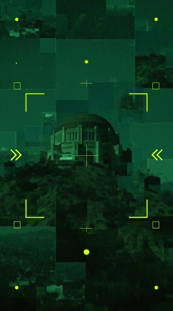 A domed building situated atop a hill, viewed through a fragmented, monochromatic deep emerald-green tactical surveillance interface. The architectural structure and the surrounding hillside are disjointed, constructed from a digital mosaic of overlapping, slightly offset rectangular and square image panels of varying scales, creating a multi-lens collage effect. Superimposed across this geometric grid is a bright neon yellow-green head-up display featuring crisp technical UI graphics: thin center crosshairs, corner framing brackets, isolated targeting squares, double directional chevrons, and solid glowing dots. A heavy digital grain, atmospheric haze, and low-light night-vision texture permeate the deep green aesthetic, establishing a moody, cinematic sci-fi aesthetic.