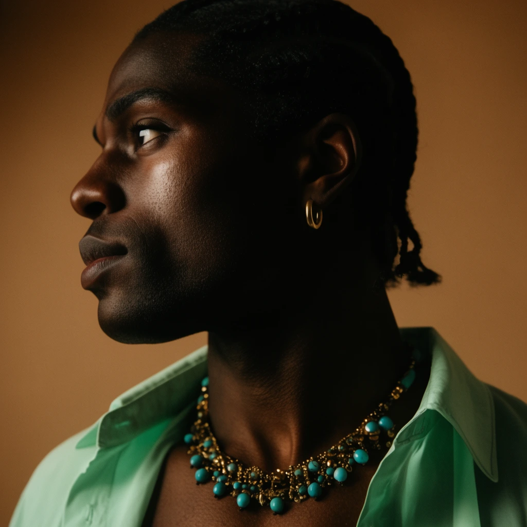 Close-up profile portrait of a Black man with braided hair facing left against a warm tan backdrop. Dramatic low-key lighting sculpts his facial features, creating striking highlights on his cheekbone and deep shadows across his neck. He wears a single gold hoop earring, an ornate gold and turquoise beaded necklace, and an open mint green collared shirt. Cinematic editorial photography with rich earthy tones and a shallow depth of field.