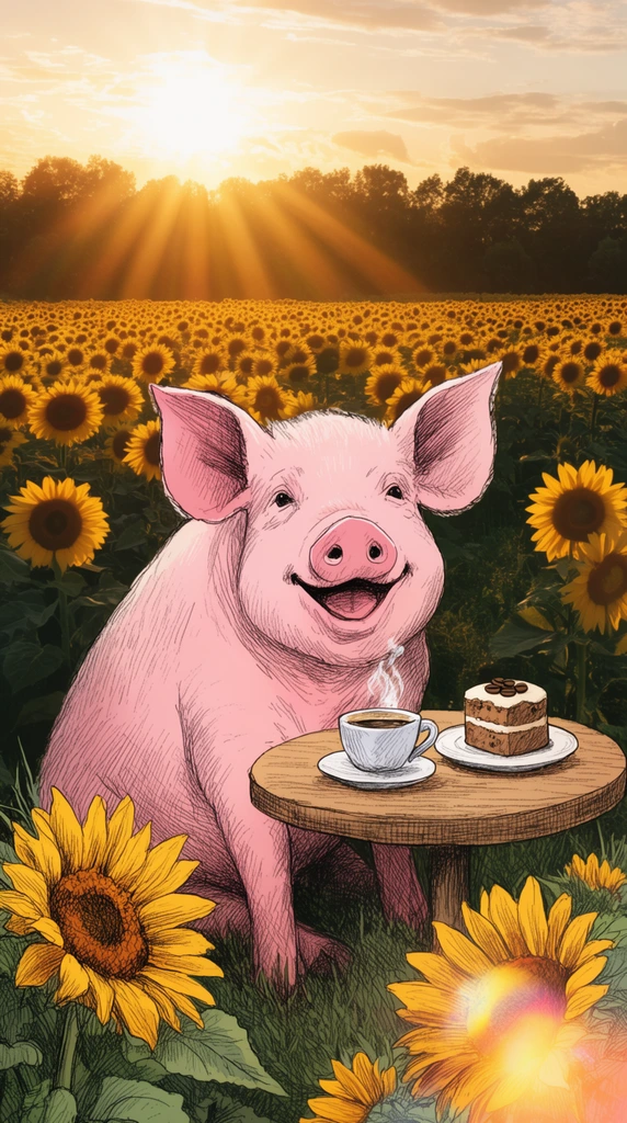 Cross-hatched illustration of a smiling pink pig, small wooden table, steaming coffee cup, cake with coffee beans, illustrated foreground sunflowers, realistic photographic background of a vast sunflower field, silhouetted tree line, radiant golden sunrise, sunbeams, warm palette, mixed media, bottom right lens flare