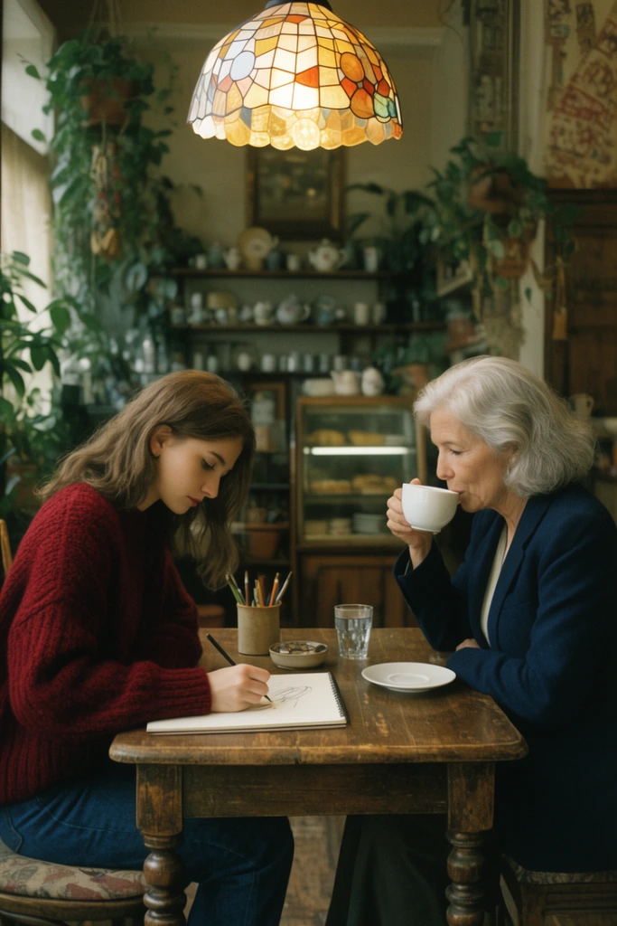 cinematic 35mm film still, two women seated across a vintage wooden table, young woman in heavy crimson sweater sketching, older silver-haired woman in navy blazer sipping tea, illuminated by overhead stained glass lamp, cozy bohemian cafe interior with potted plants and ceramics on shelves, muted earthy tones, medium side profile shot, warm atmosphere