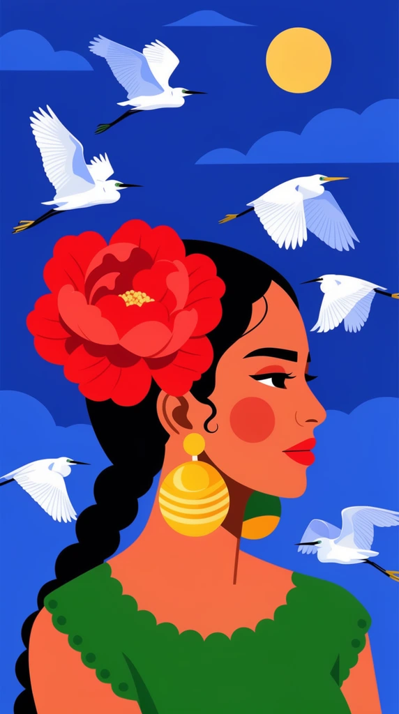 Stylized flat vector illustration of a woman in profile with dark braided hair, a large red flower, and large gold earrings. She wears a green scalloped top, surrounded by six flying white egrets against a deep blue sky with clouds and a yellow moon.