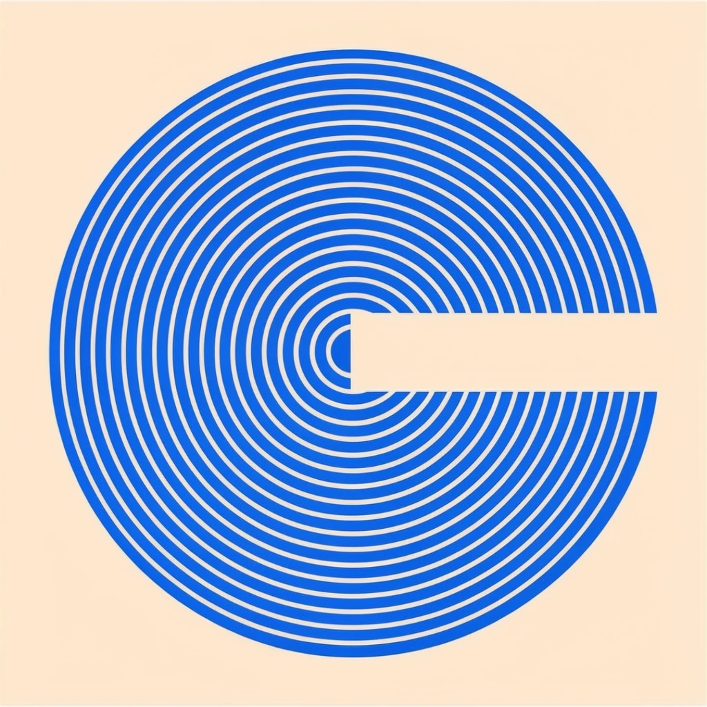bold geometric graphic design, vibrant blue concentric circles forming a dense target pattern, solid pale cream background, stark horizontal rectangular negative space cutting deeply into the right side of the rings and extending perfectly to the center, minimalist vector art style, crisp clean lines, high contrast color palette, flat two-dimensional rendering, optical art influence, striking interplay between positive blue geometric shapes and empty space, clean modernist aesthetic, precise symmetry sharply interrupted by the wide right-sided void