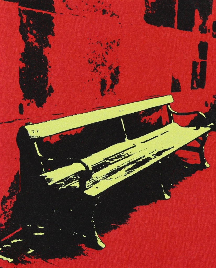 A stylized, high-contrast silkscreen print of a long bench positioned along a wall, characterized by a stark pop-art aesthetic. The long bench is rendered with extreme posterization, where its deeply shadowed structure forms solid, heavy black shapes, and its illuminated horizontal surfaces appear in a flat, pale acid-yellow. The wall behind the bench acts as a vibrant, saturated crimson red backdrop, broken by rough, graphic patches of solid black that create a distressed, uneven planar surface. The lighting effect applies a harsh threshold treatment, utilizing only stark, flat color fields in place of gentle gradients. A visible fabric weave and granular, gritty noise permeate the composition, showcasing uneven ink coverage and rough, textured edges typical of vintage screen printing techniques.