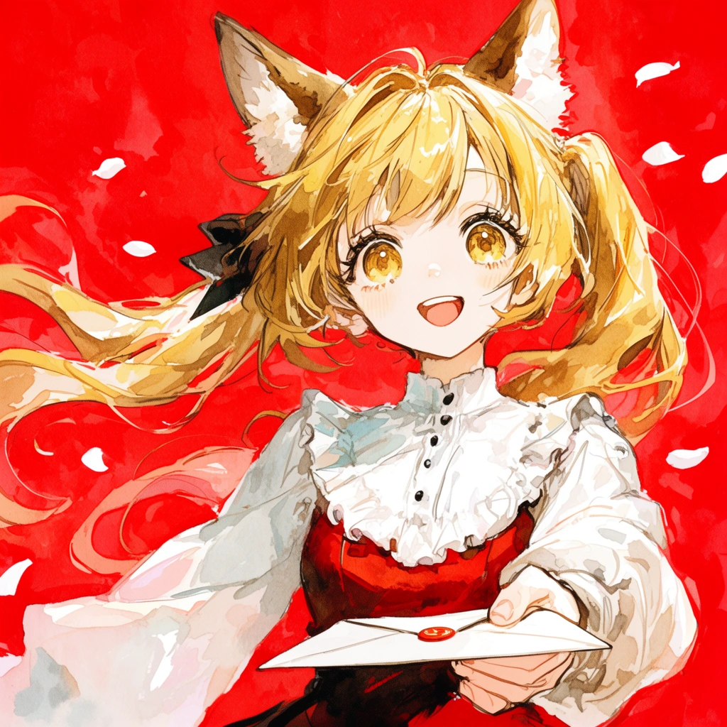 joyful anime girl with fluffy animal ears and windblown blonde twintails, large golden eyes, wearing a white ruffled blouse over a red bodice, reaching forward offering a sealed envelope, vivid textured crimson background, floating white petals, expressive watercolor illustration, loose linework, vibrant high contrast