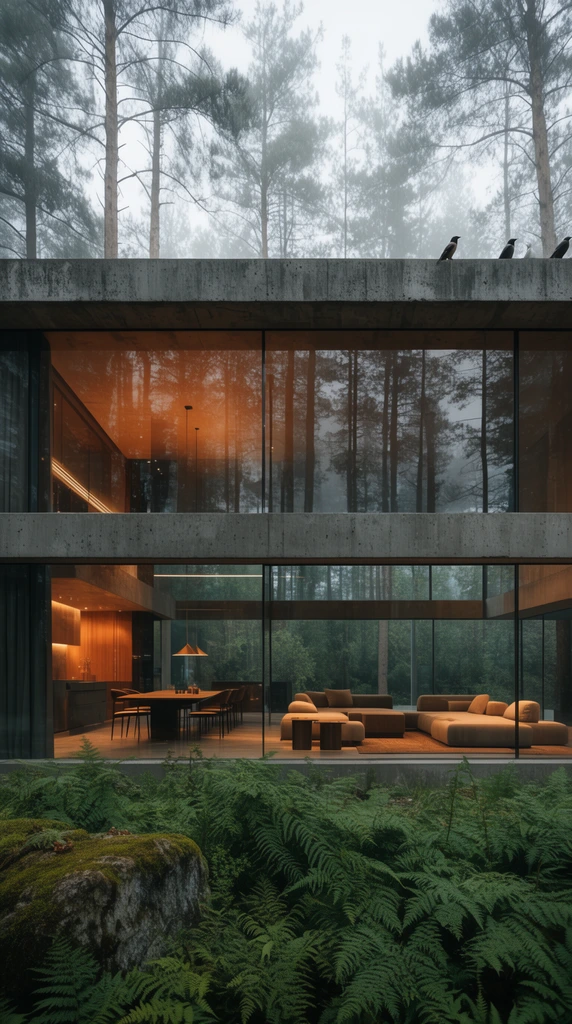 A modern brutalist house with floor-to-ceiling glass walls and thick concrete beams sits in a dense pine forest. The straight-on view reveals a warm, amber-lit interior with a dining area and modular sofa, contrasting sharply with the cool, misty, overcast exterior. Reflections of tall pines overlay the large glass panes. Lush ferns and a mossy rock fill the foreground, while birds perch on an upper exterior beam. Cinematic lighting highlights the interplay between industrial architecture and the organic landscape.