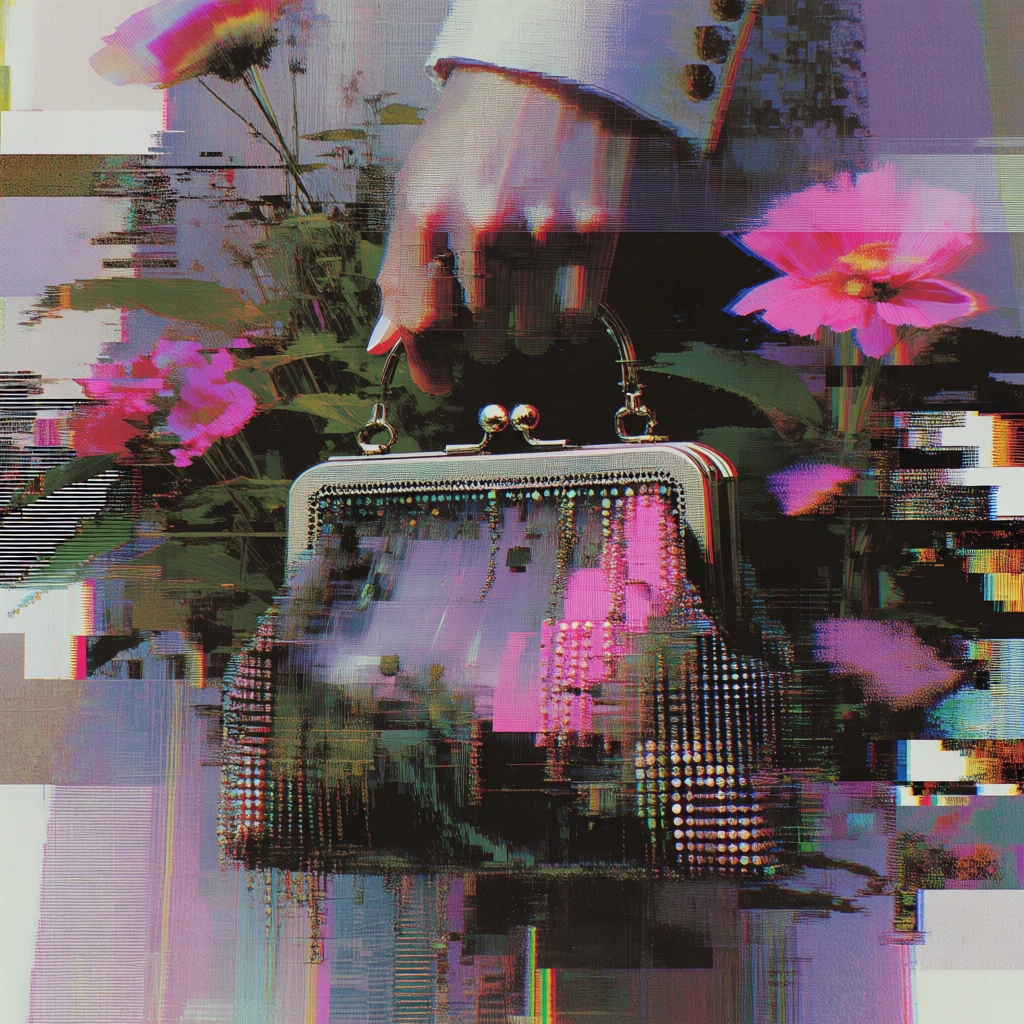 close-up of a hand clutching an intricate beaded purse with a polished metal frame, nestled within lush flowers and leaves, executed in a heavy datamoshed aesthetic, intense digital corruption with horizontal pixel sorting and offset slices, thick crt scanlines, moiré interference patterns, high-contrast palette of electric pink and deep emerald, layered fragments of compressed image data, chromatic aberration, analog-to-digital video noise, fragmented silhouettes, y2k tech decay