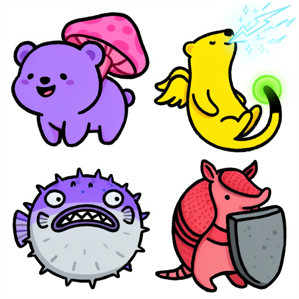 Four minimalist cartoon creatures arranged in a square grid on a white background, drawn with thick textured black outlines and vibrant flat colors. Top left features a chubby purple bear cub with a large pink mushroom on its back, smiling warmly. Top right shows a bright yellow winged ferret leaning back to exhale sparkling blue lightning, a glowing green orb on its tail. Bottom left displays a flat silver pufferfish with purple spikes and a wide, jagged underbite, looking dazed. Bottom right is a reddish-pink armadillo clutching a heavy grey stone shield. The illustration style is playful and distinctly kawaii, utilizing simple black dot eyes, minimal shading, and expressive postures.