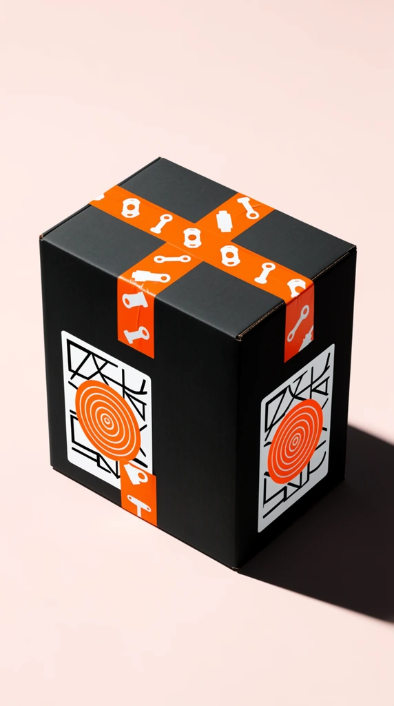 matte black rectangular shipping box, sealed with bright orange packaging tape forming an asymmetrical cross, tape displaying repeating white silhouettes of mechanical hardware, two stark white shipping labels on the front panels featuring abstract black linear patterns and a bright orange concentric circle graphic, isolated on a seamless pale blush pink background, sharp diagonal dark shadow cast to the bottom right, high-angle perspective, minimalist commercial product photography, striking high contrast, pristine crisp edges