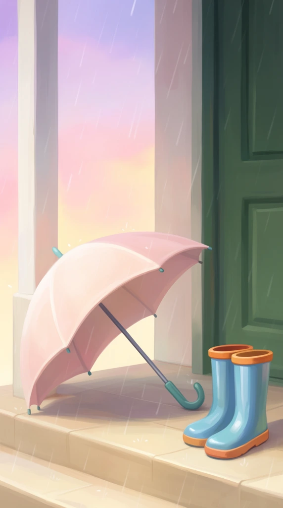 An open pale pink umbrella and glossy blue rain boots rest on a light beige tiled porch during a gentle shower. The umbrella leans against a dark green door, its curved teal handle touching the ground. Beside a low step, the light blue rubber boots feature warm orange trim. Diagonal white dashes of rain fall uniformly across the composition. A white pillar on the left frames a soft pastel sky blending gradients of purple, pink, and yellow. This digital painting utilizes smooth, stylized brushwork, serene lighting, and a muted, atmospheric color palette.