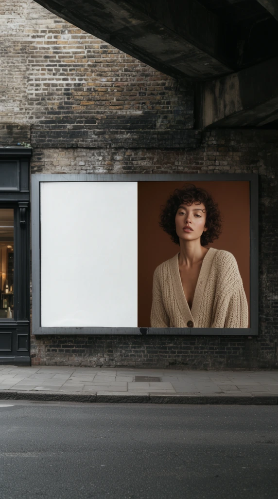 large outdoor billboard on a weathered brick wall beneath a dark concrete overpass, billboard divided into a blank white left half and a fashion portrait on the right, portrait of a woman with short curly hair in a beige knit cardigan against a solid brown backdrop, asphalt street and gray sidewalk foreground, dark storefront facade to the left, overcast daylight, deep urban shadows