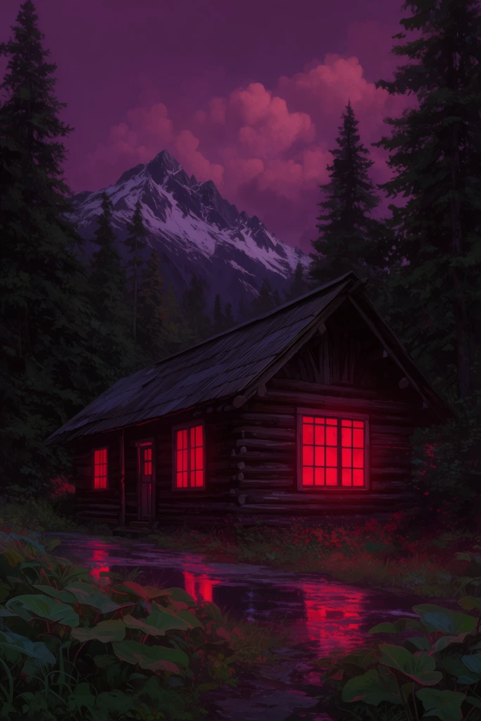 A rustic dark-wood log cabin nestled in a dense forest radiates an intense crimson glow from its multi-paned windows. The eerie red light spills outward, casting stark reflections onto a wet path and broad-leafed plants in the immediate foreground. Towering pine trees frame the structure against a jagged, snow-capped mountain. Above, a moody deep purple sky filled with softly glowing, fluffy clouds completes the atmospheric digital illustration, defined by its high-contrast palette of shadowed greens, vivid reds, and rich magentas.
