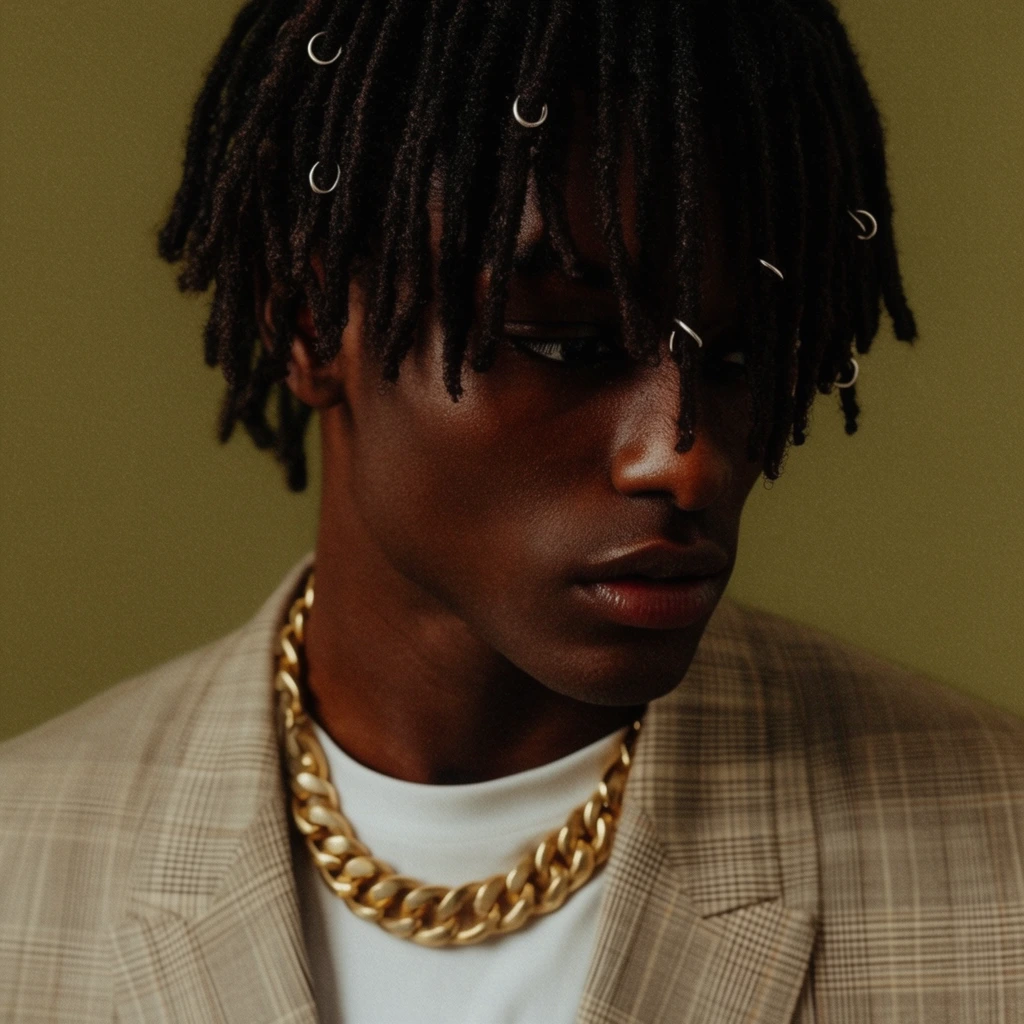 A close-up editorial portrait of a young Black man with rich, dark skin and dreadlocks falling over his eyes, interspersed with small silver hoop rings. He gazes downward and to the right with a contemplative expression. He wears a tailored, muted beige plaid blazer over a white t-shirt, accessorized with a thick, chunky gold link chain. The background is a solid olive-green surface. Soft, directional lighting casts deep shadows across his face, emphasizing his strong jawline, high cheekbones, and the metallic gleam of his jewelry. Shot with a vintage film photography aesthetic featuring a warm, earthy color palette and subtle film grain.
