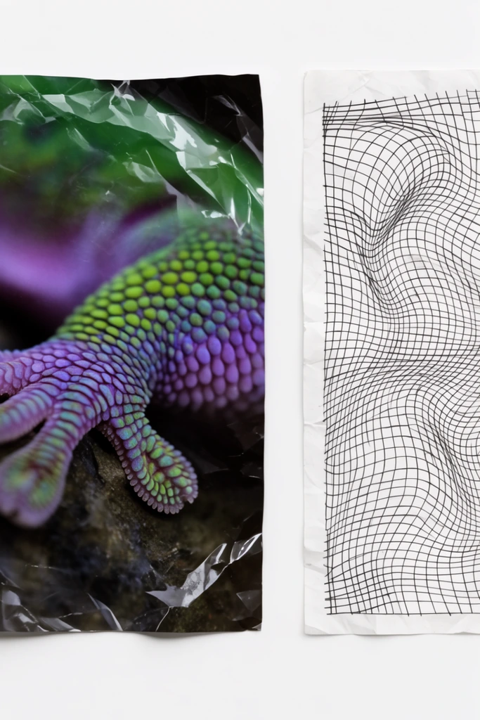 Diptych on a stark white background, glossy crumpled photograph of a vibrant purple and green scaly gecko foot, adjacent paper with a black ink warped optical illusion grid