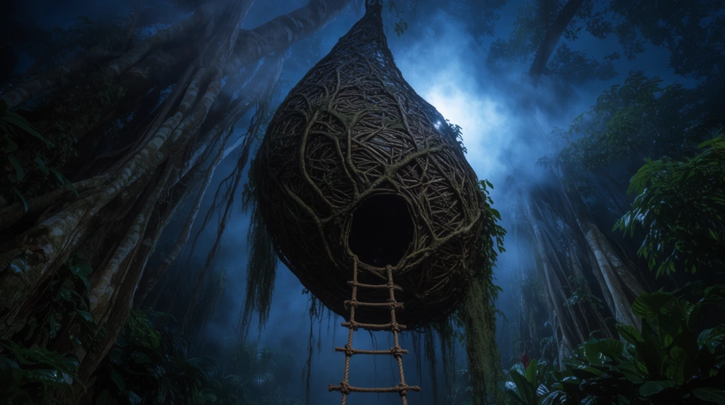 A colossal teardrop-shaped pod woven from thick jungle vines and roots hangs suspended among the massive trunks of a banyan forest. The giant asymmetrical structure is illuminated by eerie blue moonlight piercing through thick swirling mist. A crude woven rope ladder descends from a dark opening at the base. Dense dark green tropical foliage and hanging moss surround the pod. Captured from a dramatic low angle emphasizing the moody atmospheric architecture and deep textural contrast.