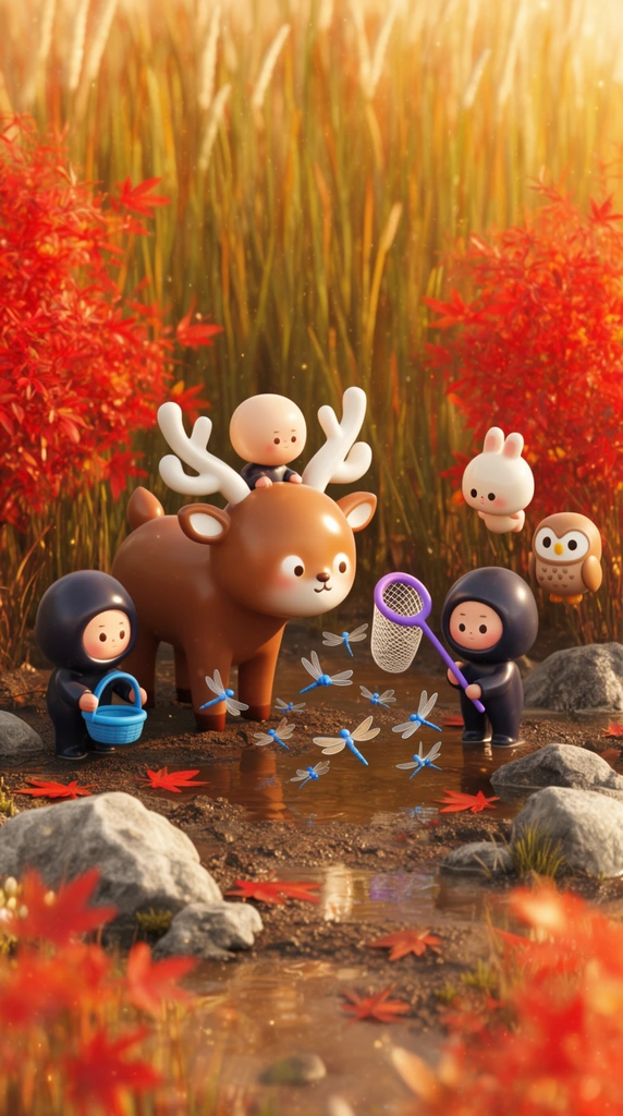 A whimsical group of glossy, 3D-rendered characters catches dragonflies in a vibrant autumn marsh. Central is a large, smooth brown deer-like creature with white antlers carrying a tiny round-faced companion. To the right, a figure in a dark hooded suit swings a purple bug net at a swarm of blue dragonflies, joined by a floating bunny-like creature and a round owl. On the left, another hooded figure holds a blue basket. The muddy ground features reflective puddles, gray rocks, and fallen red maple leaves, framed by tall golden reeds and bright red bushes. Warm golden-hour lighting, glowing dust motes, and a shallow depth of field create a cinematic, designer-toy aesthetic.
