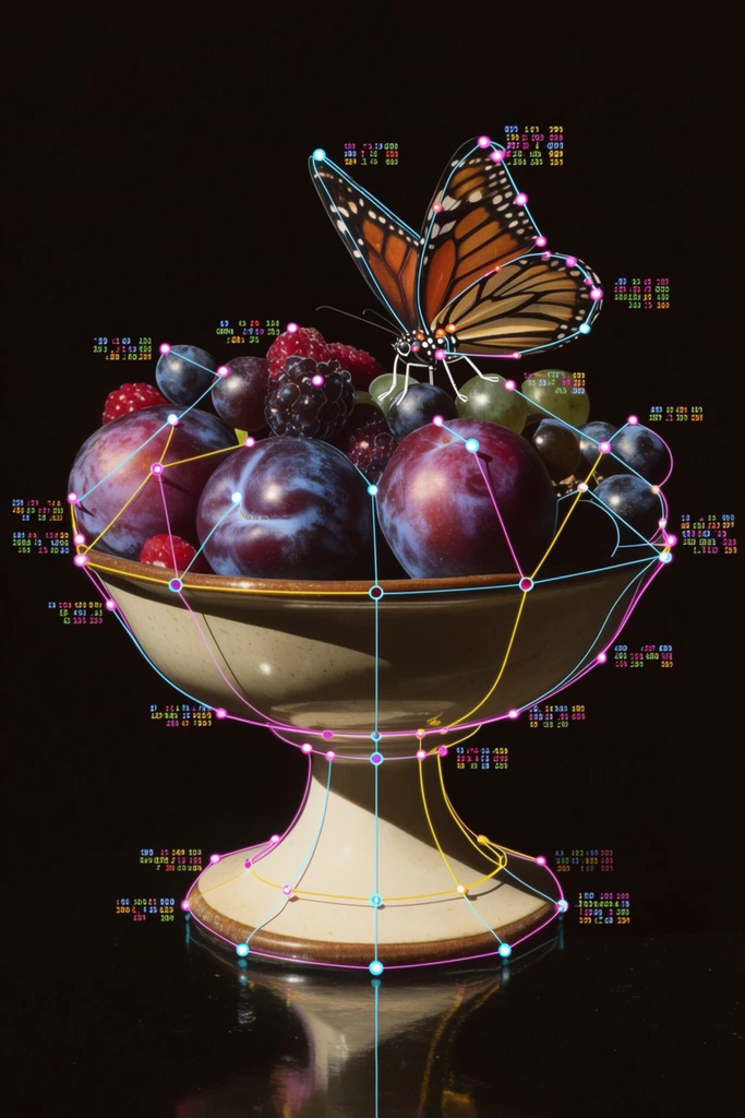 A pedestal-based bowl filled with plums, grapes, and berries with a butterfly perched atop rests centrally on a highly reflective black surface against a pitch-black background. Warm, direct, high-contrast studio lighting casts stark specular highlights across the smooth skins of the fruit and the contours of the bowl, resulting in deep, pronounced shadows. An intricate, glowing digital overlay of thin wireframe lines in neon cyan, magenta, and yellow maps the three-dimensional geometry of the arrangement. These crisp vector lines connect small, bright circular nodes anchored to specific structural points on the bowl, the clustered fruit, and the wings of the perched butterfly. Clustered immediately adjacent to several of these nodes are tiny, glowing sequences of monospaced digital numbers and data coordinates in matching neon hues. The rich, deep purples, blues, and reds of the physical still life contrast sharply with the technical precision of the superimposed retro-futuristic computer graphics.