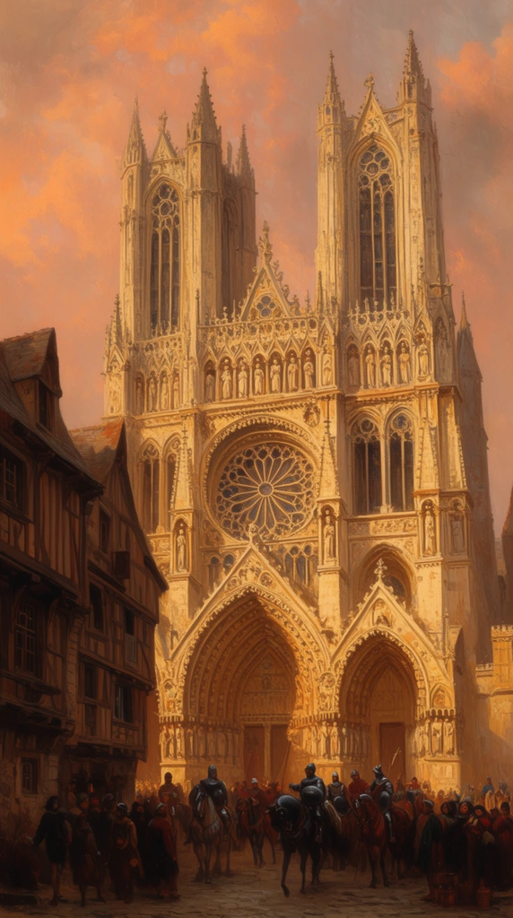A colossal Gothic cathedral dominates a bustling plaza bathed in warm golden light. The intricate stone facade features towering twin spires, a delicate rose window, and deep arched portals adorned with countless statues. In the shadowed foreground, a procession of mounted knights and townspeople in historical garb gather, their dark silhouettes contrasting against the brightly illuminated architecture. Half-timbered houses flank the left side under a dramatic, peachy sky, rendered in the sweeping, highly detailed style of a classical romantic oil painting with rich atmospheric depth.