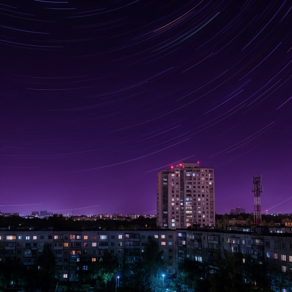Sweeping light trails arcing across a dark purple night sky, long exposure cityscape, illuminated apartment block, low-rise buildings with glowing windows, communications tower