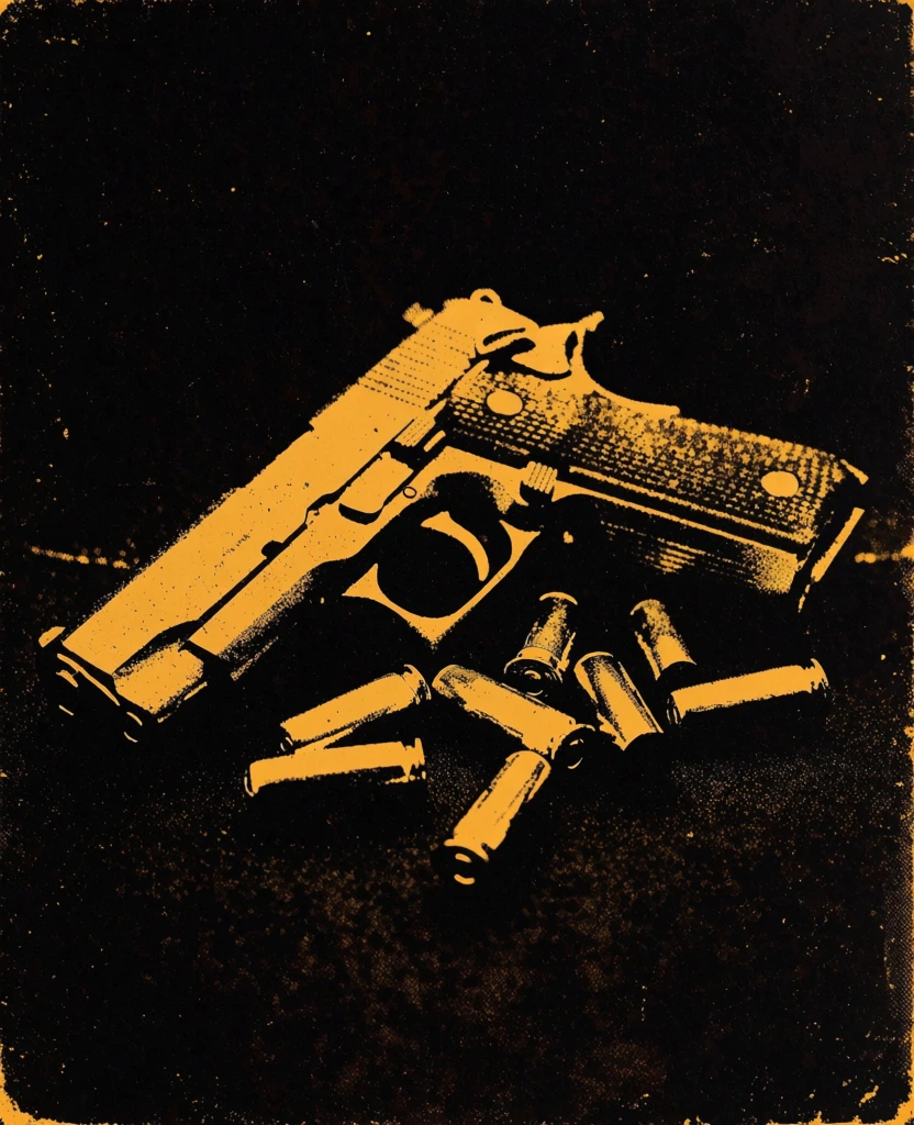 centrally framed semi-automatic handgun and scattered spent shell casings, high-contrast duotone graphic, amber yellow on deep obsidian black, high-threshold bitmapped aesthetic, gritty xerox-like texture, organic stippled shading, jagged distressed edges reminiscent of vintage lithography, raw ink-bleed artifacts, minimalist composition on a reflective glass plane rendered as negative space, macro top-down perspective, tactile analog grain, sharp silhouette with high-frequency noise.