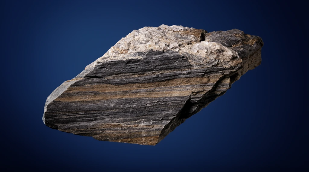 A jagged, asymmetrical chunk of layered rock floats suspended against a seamless deep navy blue gradient background. The geological specimen displays pronounced horizontal striations of dark charcoal, slate gray, and sandy brown sediment, with pale crystalline mineral deposits encrusting its rough top edge. Crisp, directional studio lighting from the upper left illuminates the wedge-shaped stone, casting deep shadows into its crevices to emphasize the rugged, fractured textures. Captured with sharp macro photography, the solitary hovering stone contrasts starkly with the smooth dark blue studio backdrop.
